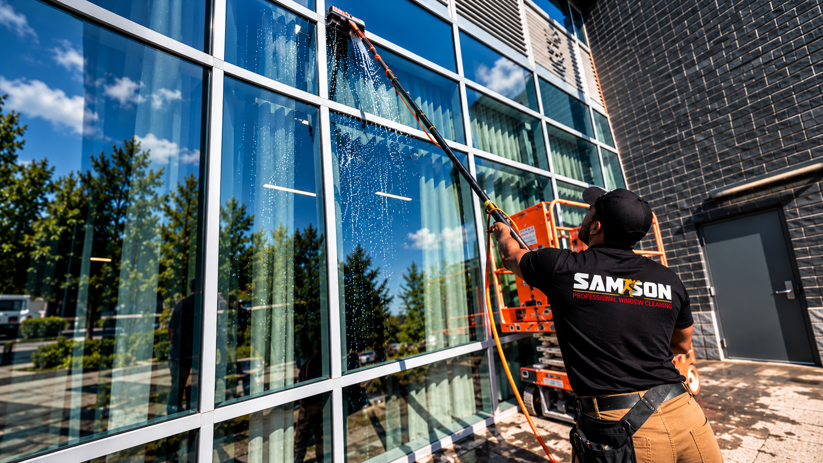 Samson technician cleaning commercial glass with a water-fed pole